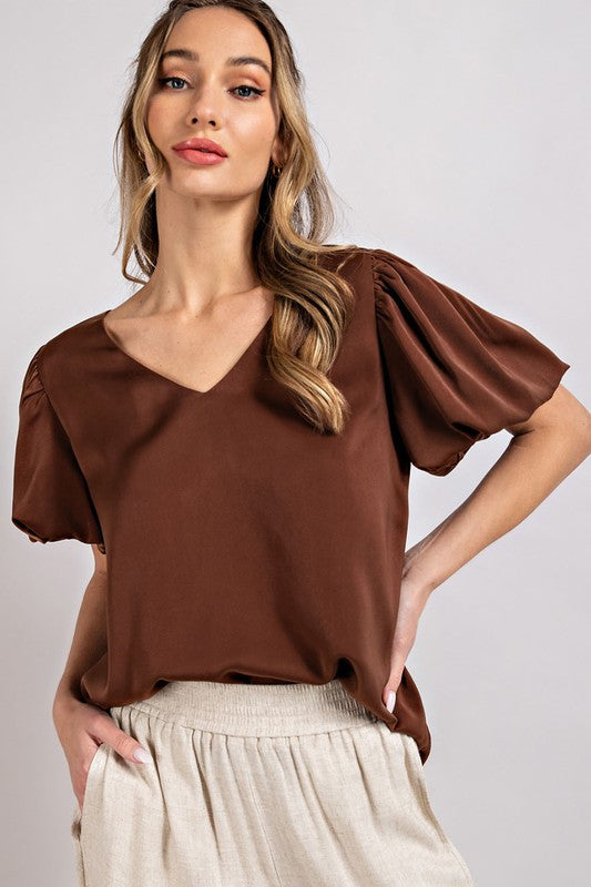 V-Neck Puff Short Sleeve Blouse Top