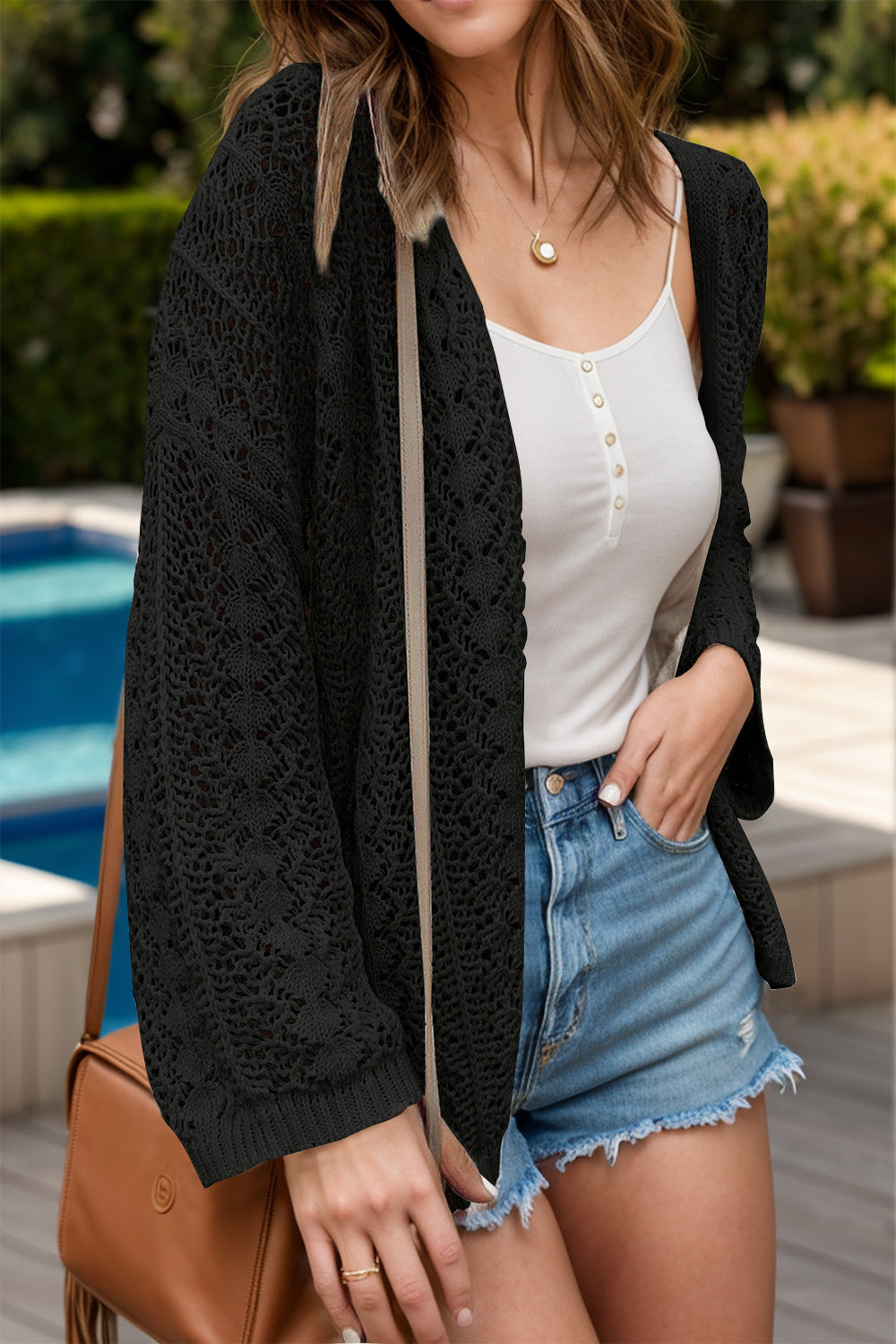 Blueberi B Women's Openwork Open Front Dropped Shoulder Cardigan Acrylic Cotton Size S-XL