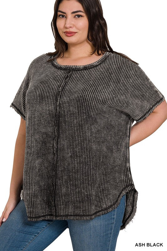 Zenana Women's Clothing Plus Washed Baby Waffle Short Sleeve Top Cotton Size S/M L/XL