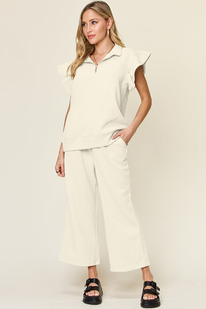 Double Take Women’s Texture Ruffle Short Sleeve Top and Drawstring Wide Leg Pants Set Polyester Spandex Size S-3XL