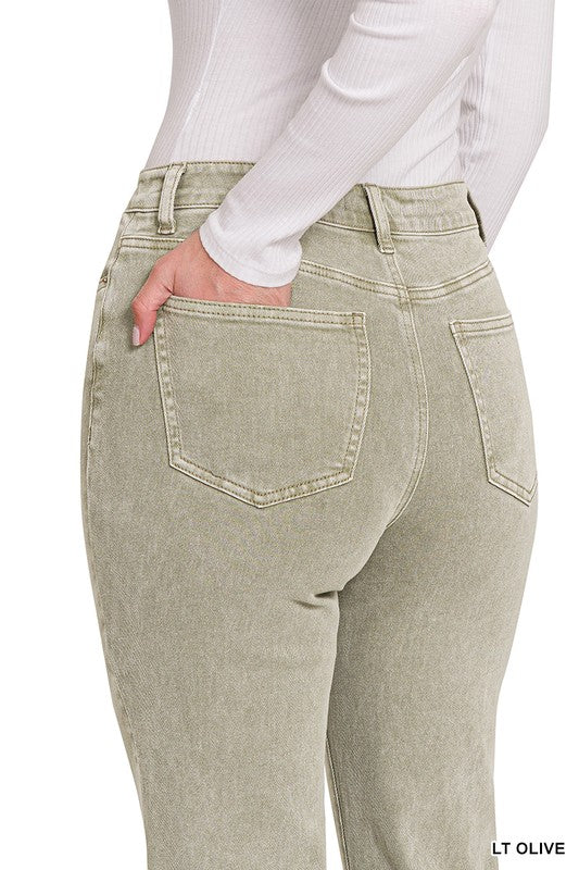 Zenana Clothing Acid Washed High Waist Frayed Hem Bootcut Jeans