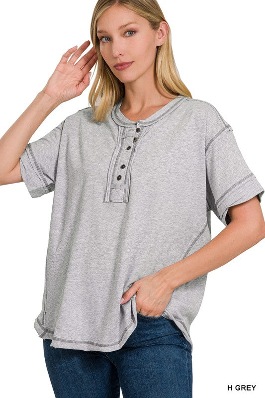 Zenana Clothing Raw Edge Detailed Button Closure Short Sleeve Top