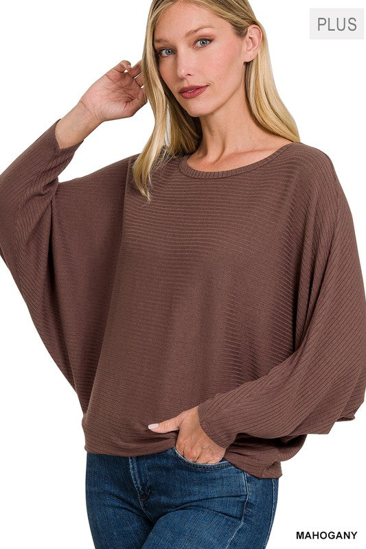 Zenana Plus Size Ribbed Batwing Long Sleeve Boat Neck Sweater