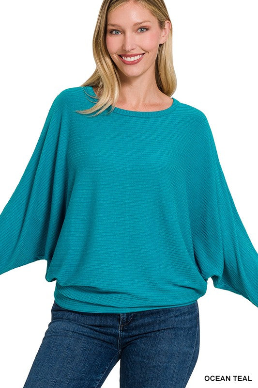 Zenana Clothing Ribbed Batwing Long Sleeve Boat Neck Sweater