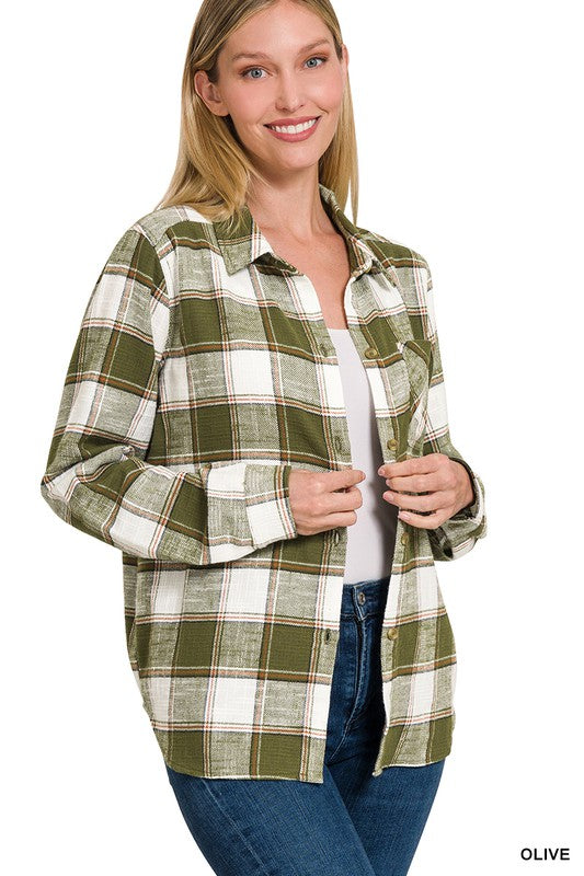 Zenana Clothing Cotton Plaid Shacket With Front Pocket