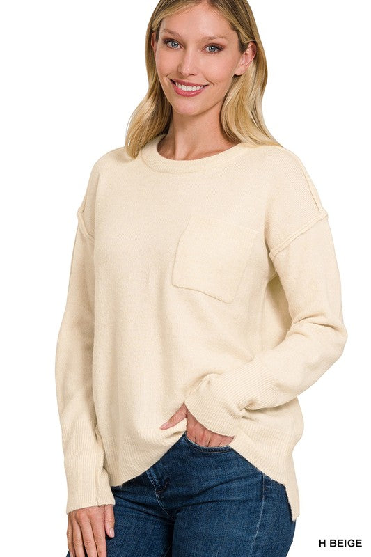 Zenana Clothing Melange Hi-Low Hem Round Neck Sweater