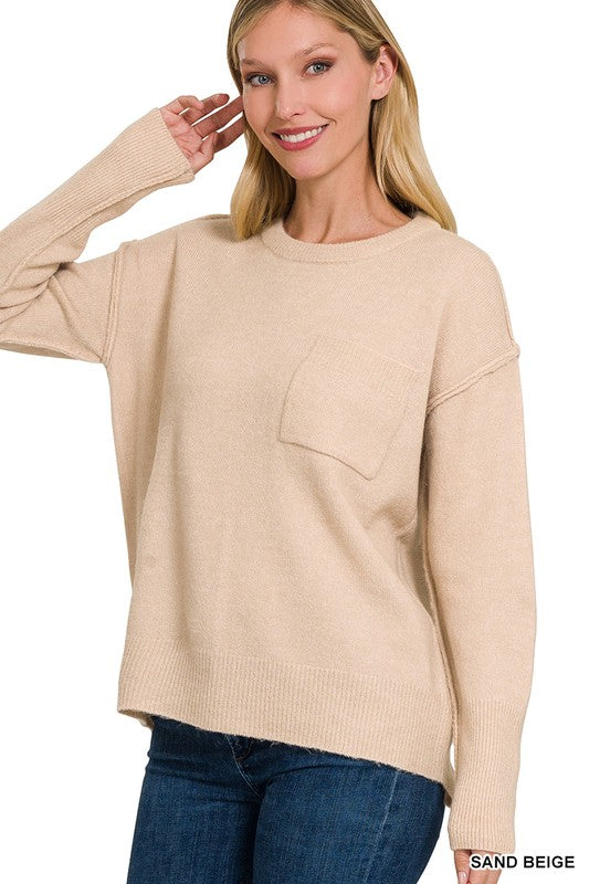 Zenana Clothing Melange Hi-Low Hem Round Neck Sweater