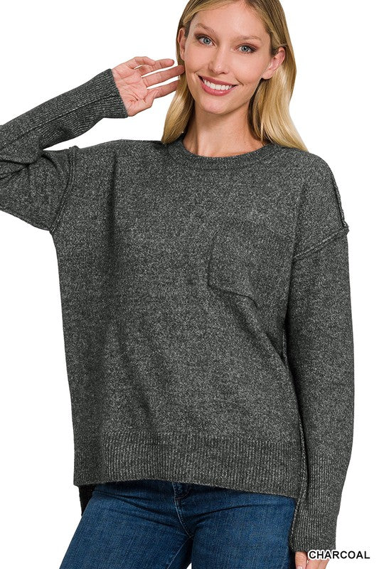 Zenana Clothing Melange Hi-Low Hem Round Neck Sweater