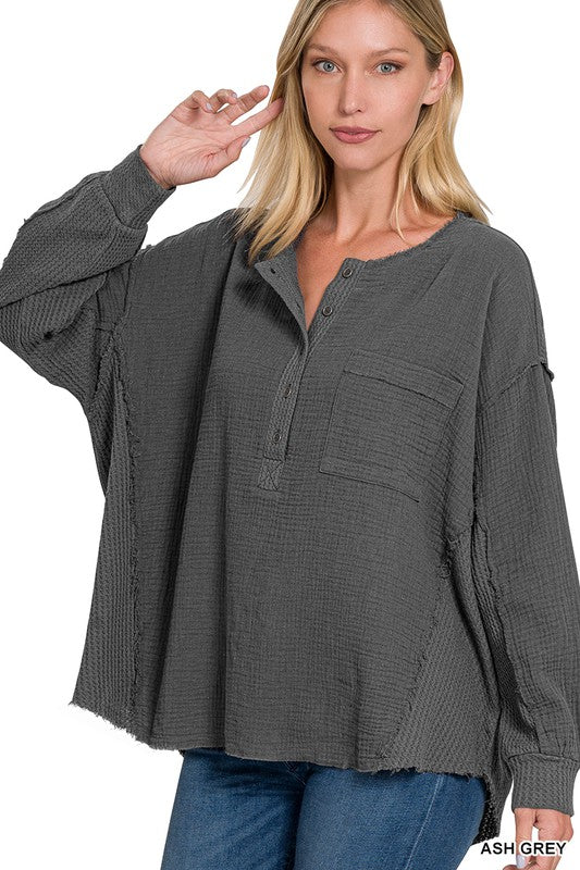 Zenana Clothing Double Gauze Oversized 3/4 Button Henley Neck Top