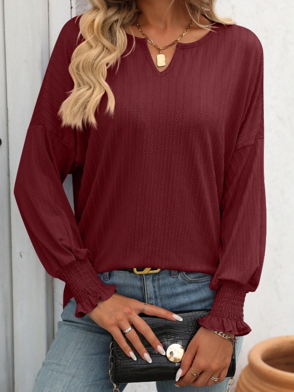 Blueberi B Women's Textured Notched Lantern Sleeve T-Shirt Polyester Spandex Size S-2XL