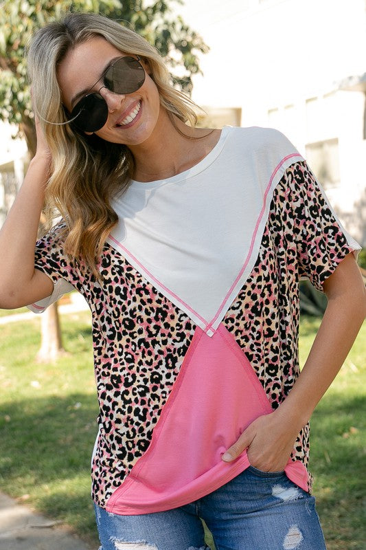 Plus Size  Animal Print Short Sleeve Solid Color Block Top