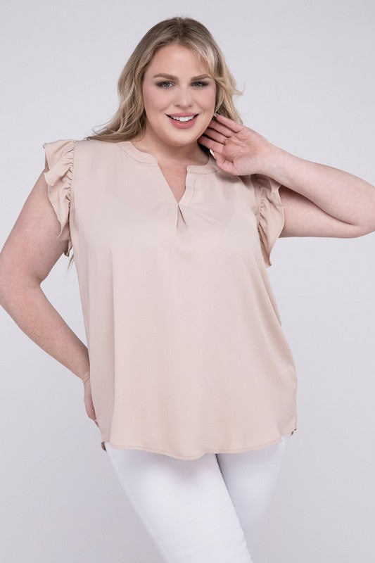 Zenana Women's Clothing Plus Woven Wool Peach Ruffled Sleeve High-Low Top Polyester Size 1X-3X