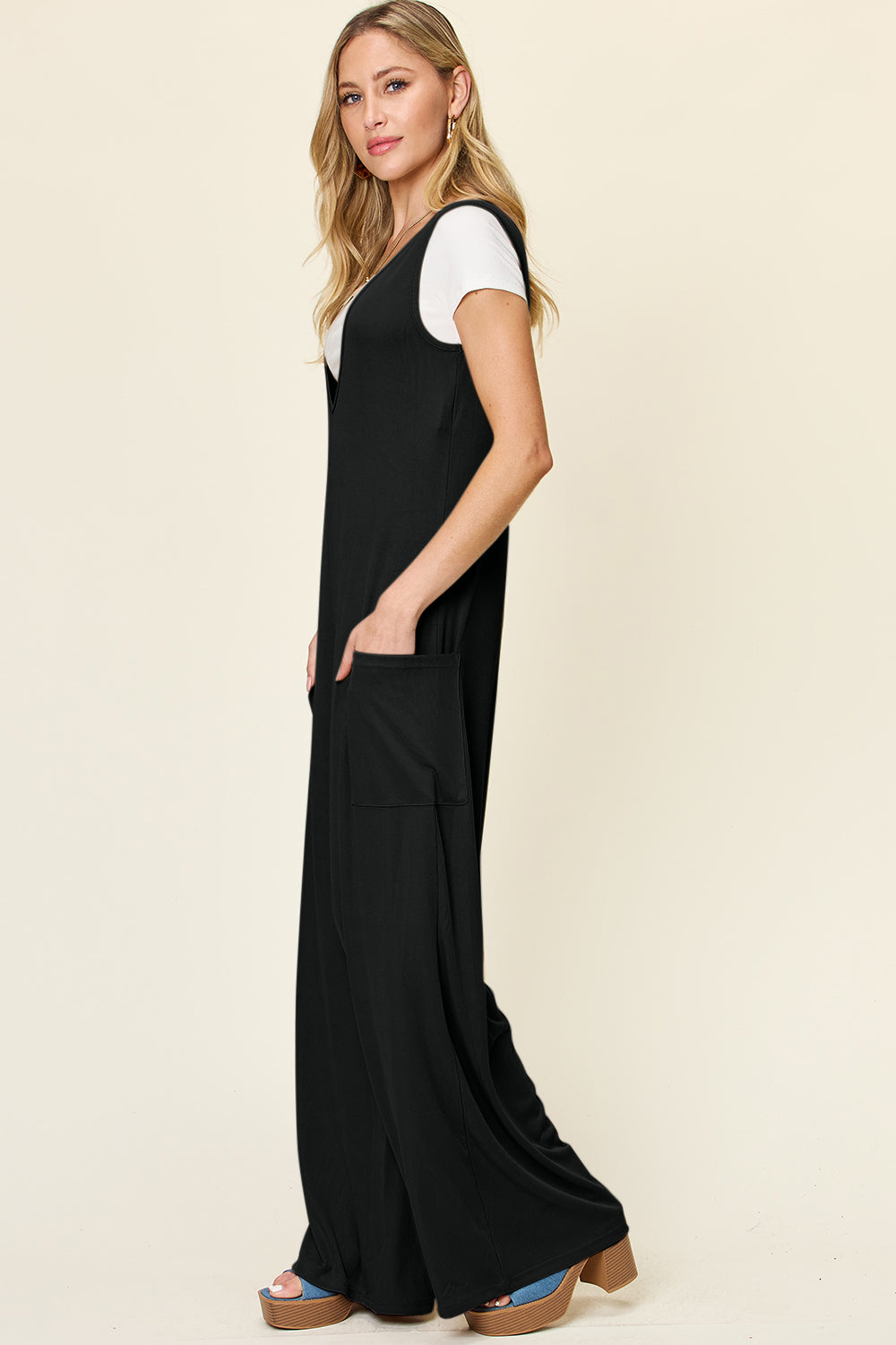 Double Take Women's  Full Size Sleeveless Wide Leg Jumpsuit with Pockets Polyester Spandex Size S-3XL