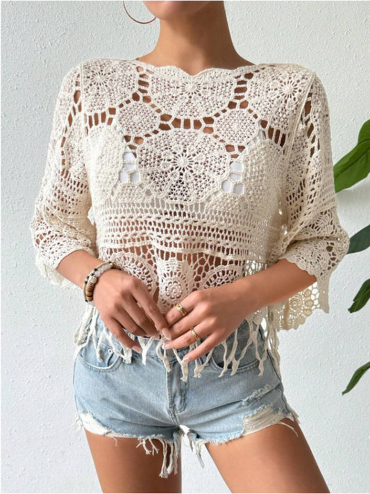 Blueberi B Women's Openwork Round Neck Cover-Up Cotton Nylon One Size