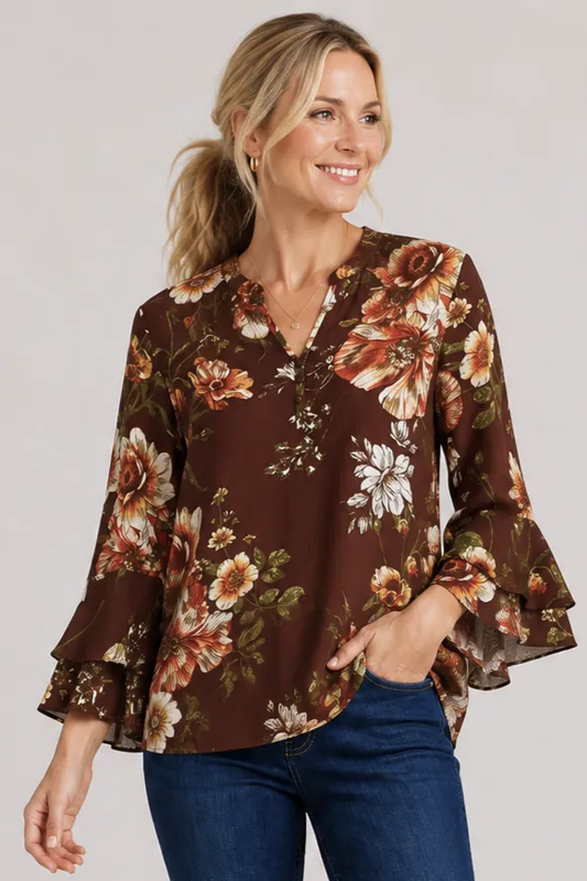 Pine Apparel Floral Ruffle Sleeve Button Front Top | 89% Rayon Linique | S-XL | Brown