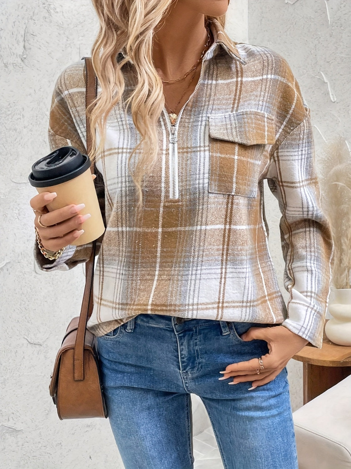 Blueberi B Women’s Plaid Collared Neck Half Zip Long Sleeve Top Polyester Size S-XL
