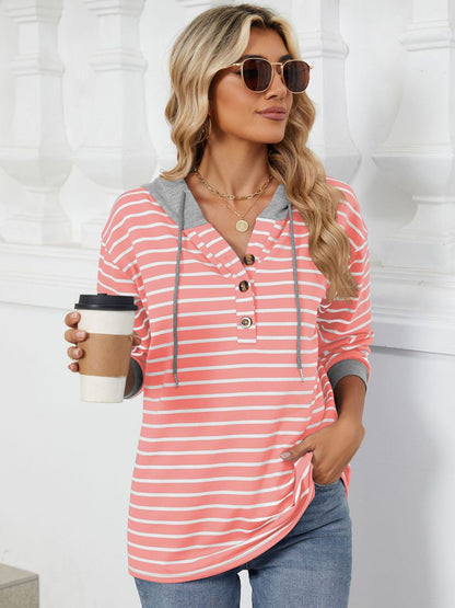 Blueberi B Women’s Drawstring Striped Long Sleeve Hoodie Rayon polyester Spandex Sizes S-2XL