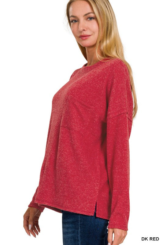 Zenana Ribbed Brushed Melange Hacci Sweater with a Pocket