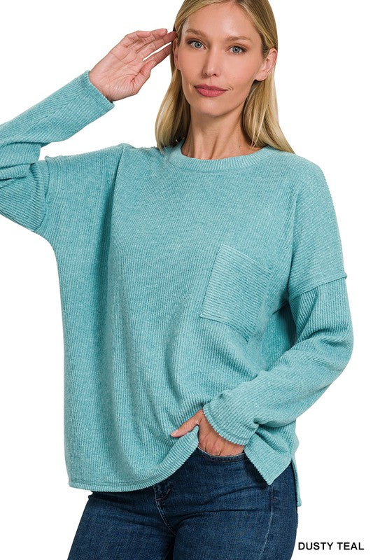 Zenana Ribbed Brushed Melange Hacci Sweater with a Pocket