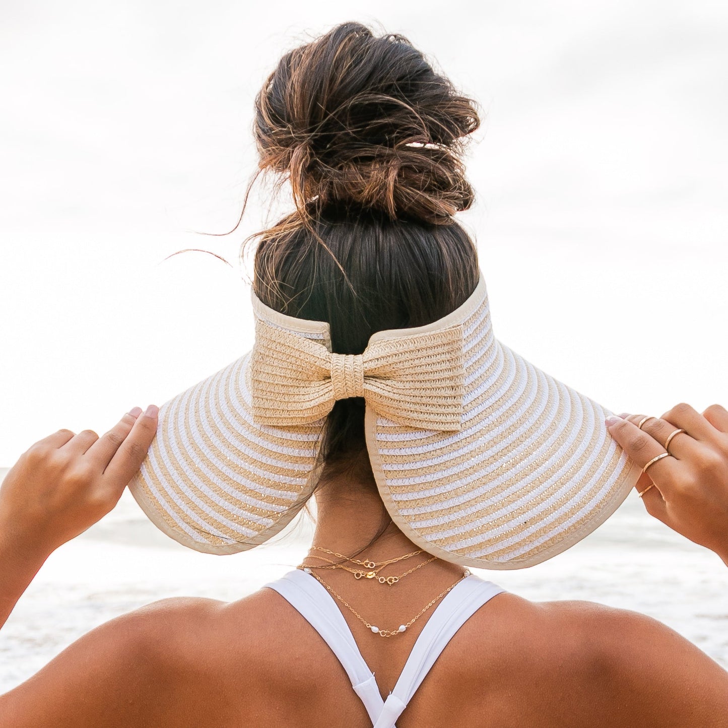 100% Breathable Straw Foldable Bow Stripe Adjustable Velcro Sun Visor | One Size
