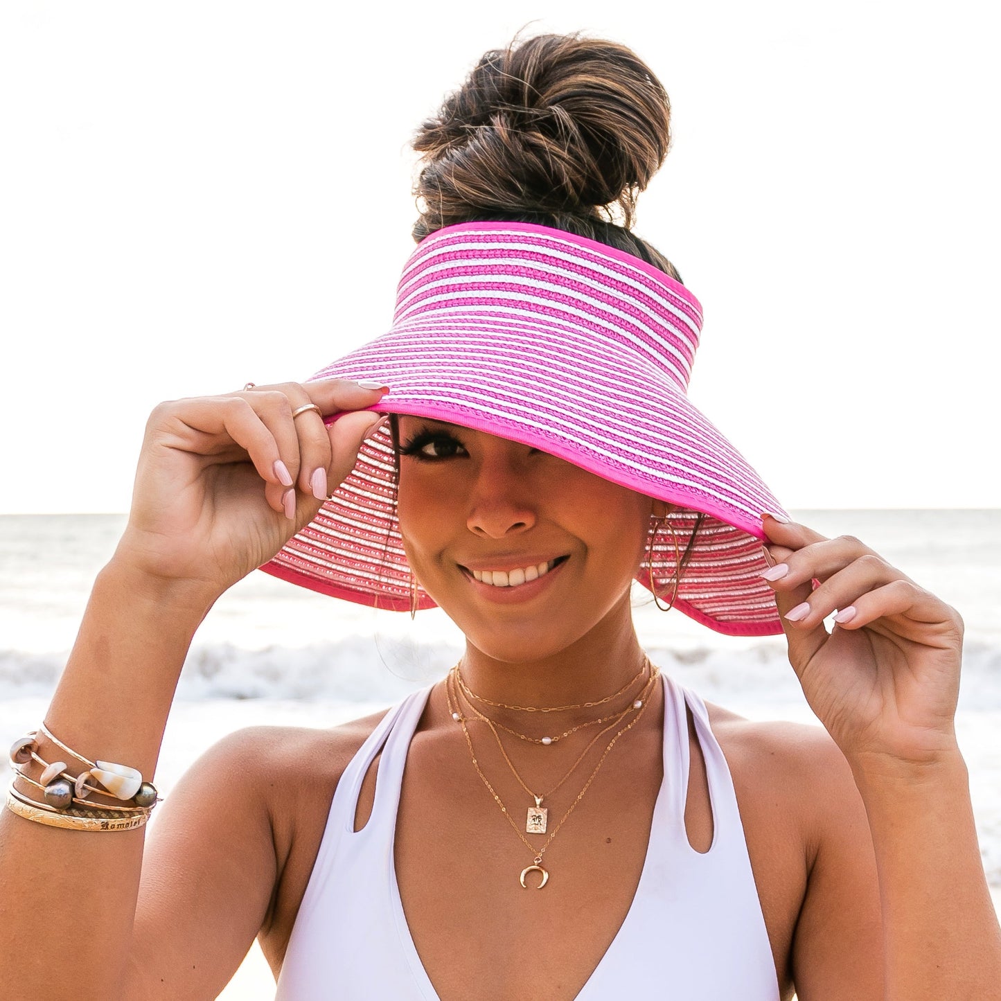 100% Breathable Straw Foldable Bow Stripe Adjustable Velcro Sun Visor | One Size