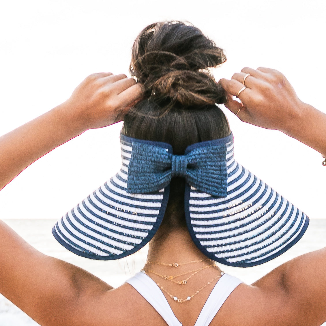 100% Breathable Straw Foldable Bow Stripe Adjustable Velcro Sun Visor | One Size