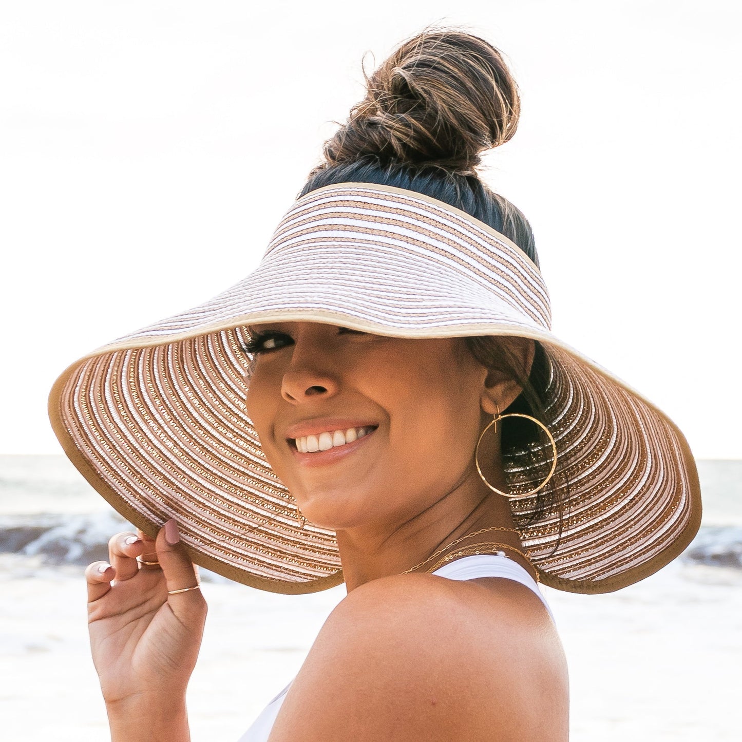 100% Breathable Straw Foldable Bow Stripe Adjustable Velcro Sun Visor | One Size