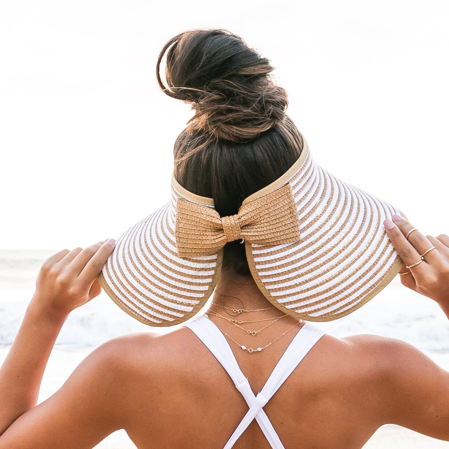 100% Breathable Straw Foldable Bow Stripe Adjustable Velcro Sun Visor | One Size