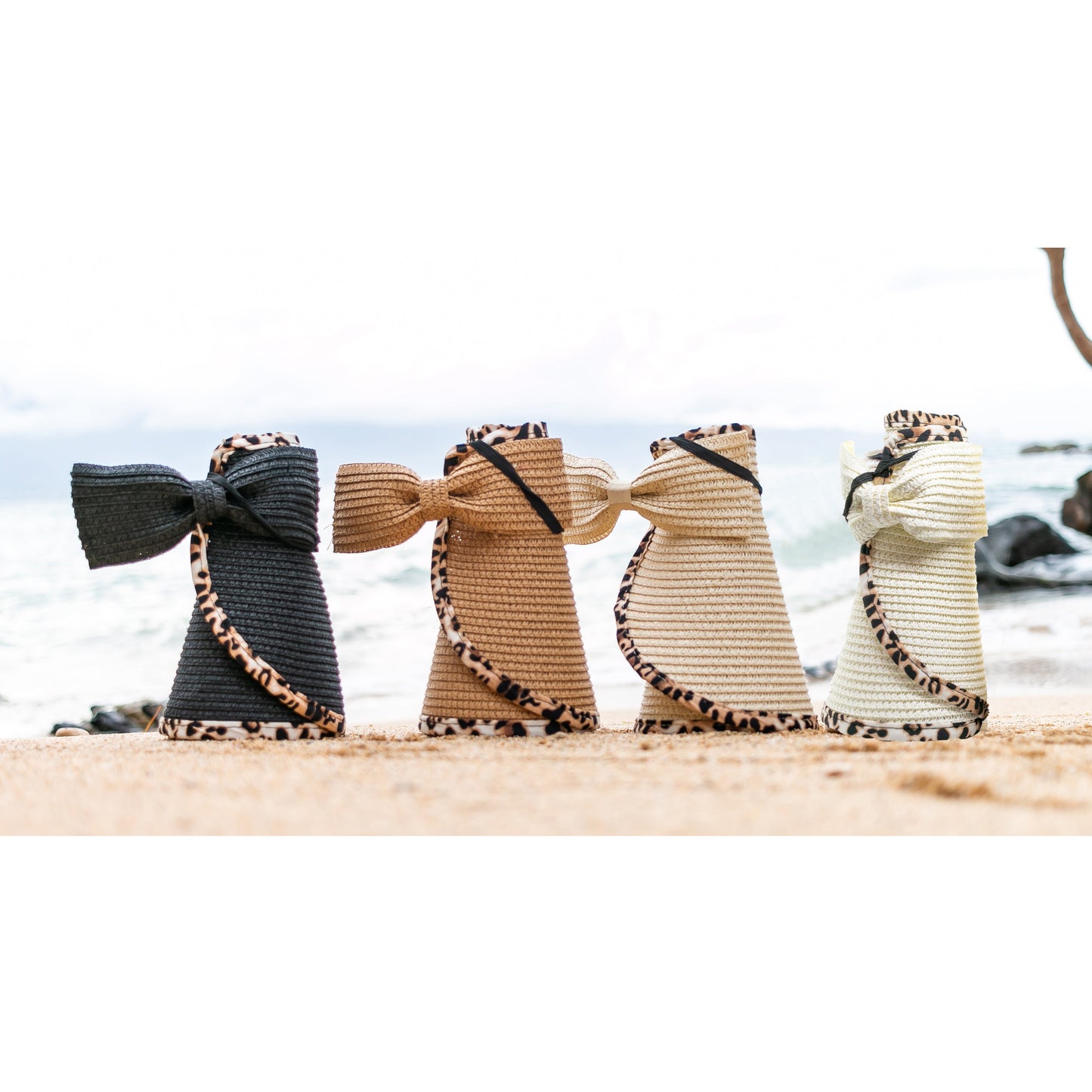 100% Breathable Straw Leopard Trim Foldable Wide Brim Bow Visor | One Size