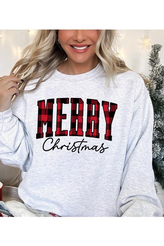 Plaid Merry Christmas Long Sleeve Fleece Graphic Tee Sweatshirt