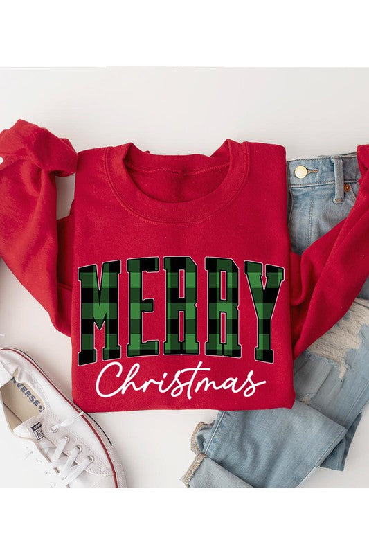Plaid Merry Christmas Fleece Long Sleeve Graphic Tee Sweatshirt Top