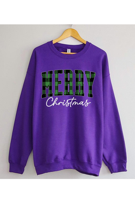 Plaid Merry Christmas Fleece Long Sleeve Graphic Tee Sweatshirt Top
