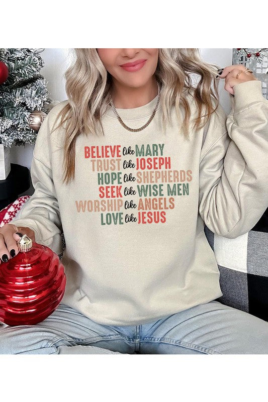 Believe In Christmas Jesus Graphic Design Long Sleeve Sweatshirt