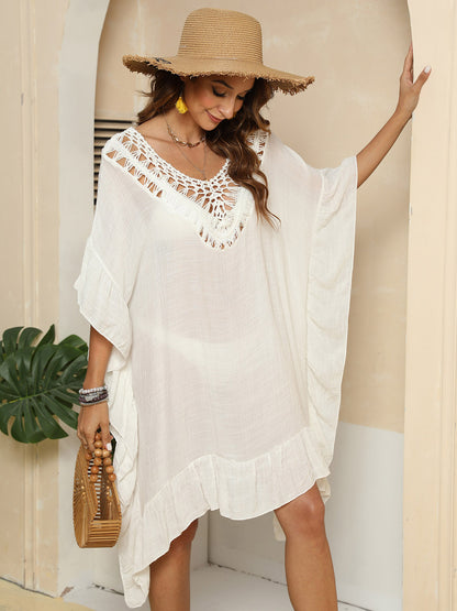 Blueberi B Women's Cutout Ruffled Half Sleeve Cover-Up Polyester One Size