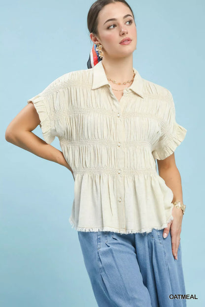 Blueberi Boutique Umgee oatmeal washed linen blend smocked shirt with ruffled sleeves and frayed hem