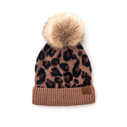 C.C® 100% Premium Acrylic Cashmere-Like Leopard Print Faux Fur Pom Beanie | One Size Teen–Adult