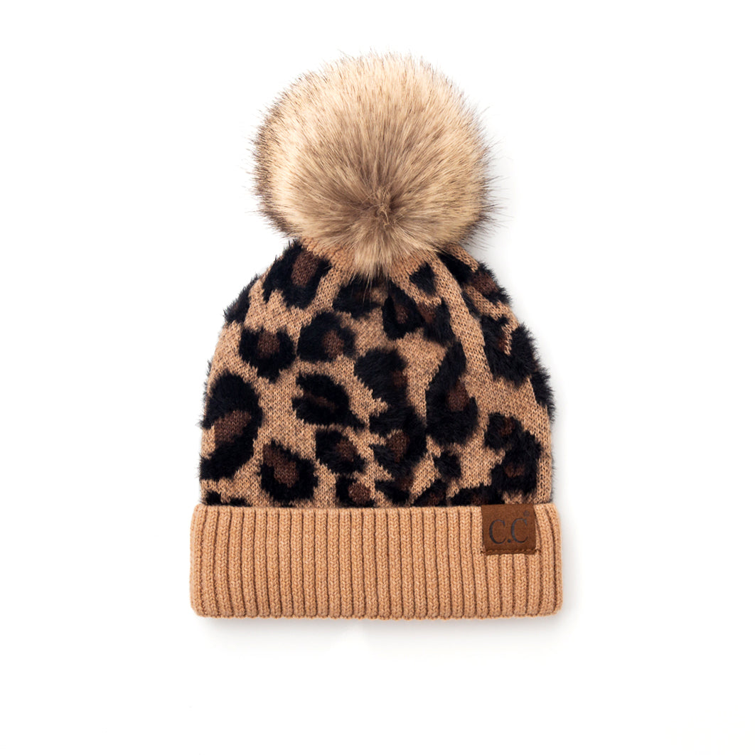 C.C® 100% Premium Acrylic Cashmere-Like Leopard Print Faux Fur Pom Beanie | One Size Teen–Adult