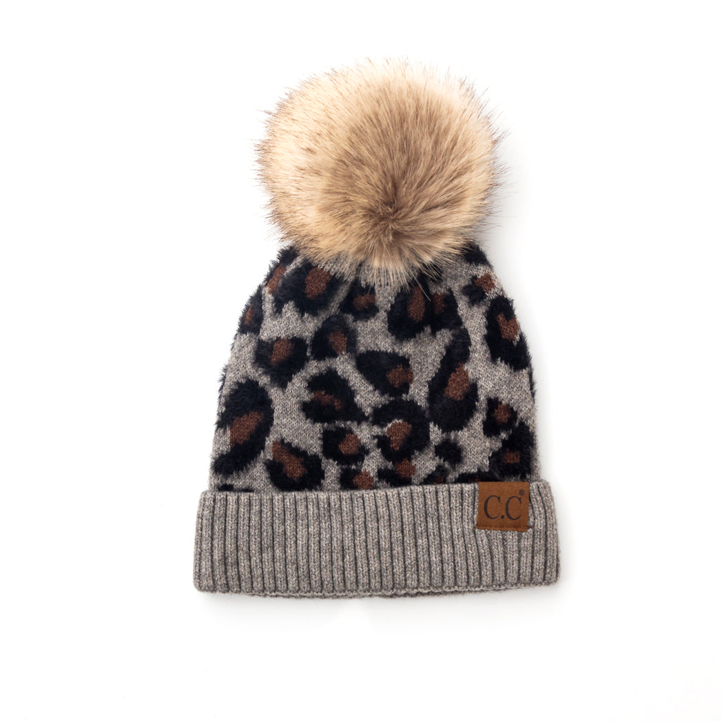 C.C® 100% Premium Acrylic Cashmere-Like Leopard Print Faux Fur Pom Beanie | One Size Teen–Adult