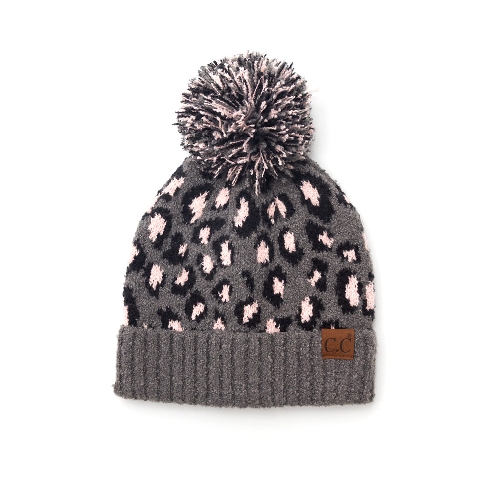 C.C® 100% Soft Acrylic Thick Knit Leopard Print Yarn Pom Beanie | One Size Teen–Adult