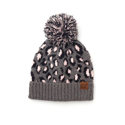 C.C® 100% Soft Acrylic Thick Knit Leopard Print Yarn Pom Beanie | One Size Teen–Adult