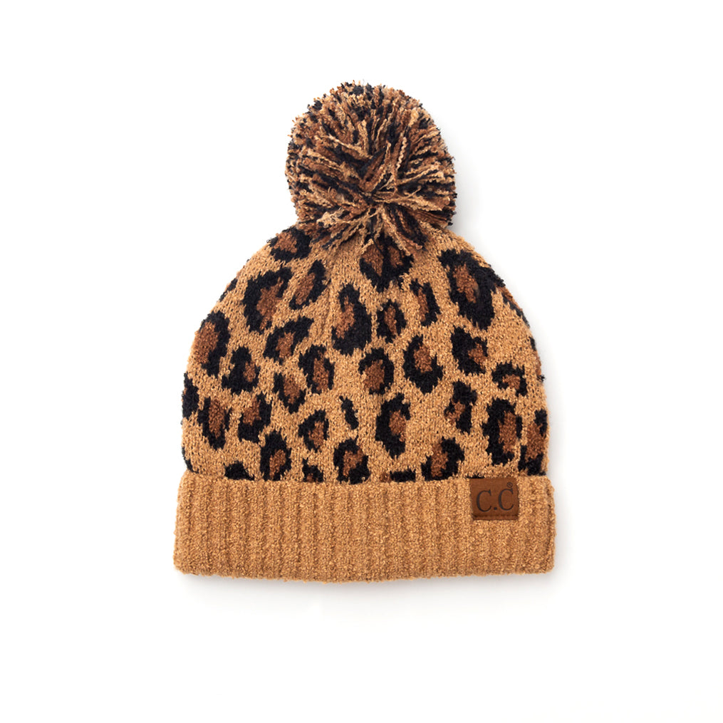 C.C® 100% Soft Acrylic Thick Knit Leopard Print Yarn Pom Beanie | One Size Teen–Adult