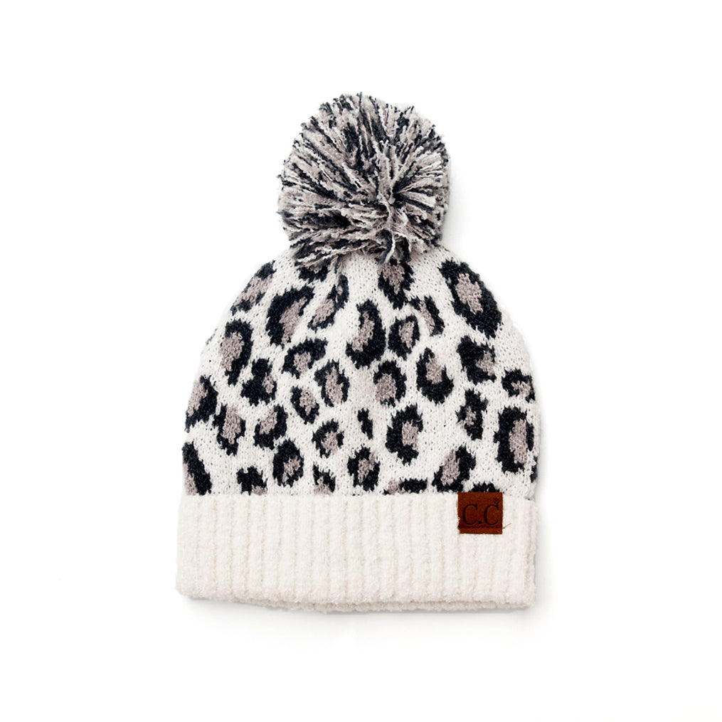 C.C® 100% Soft Acrylic Thick Knit Leopard Print Yarn Pom Beanie | One Size Teen–Adult