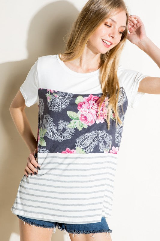 Solid Stripe Short Sleeve Floral Print Mixed Top