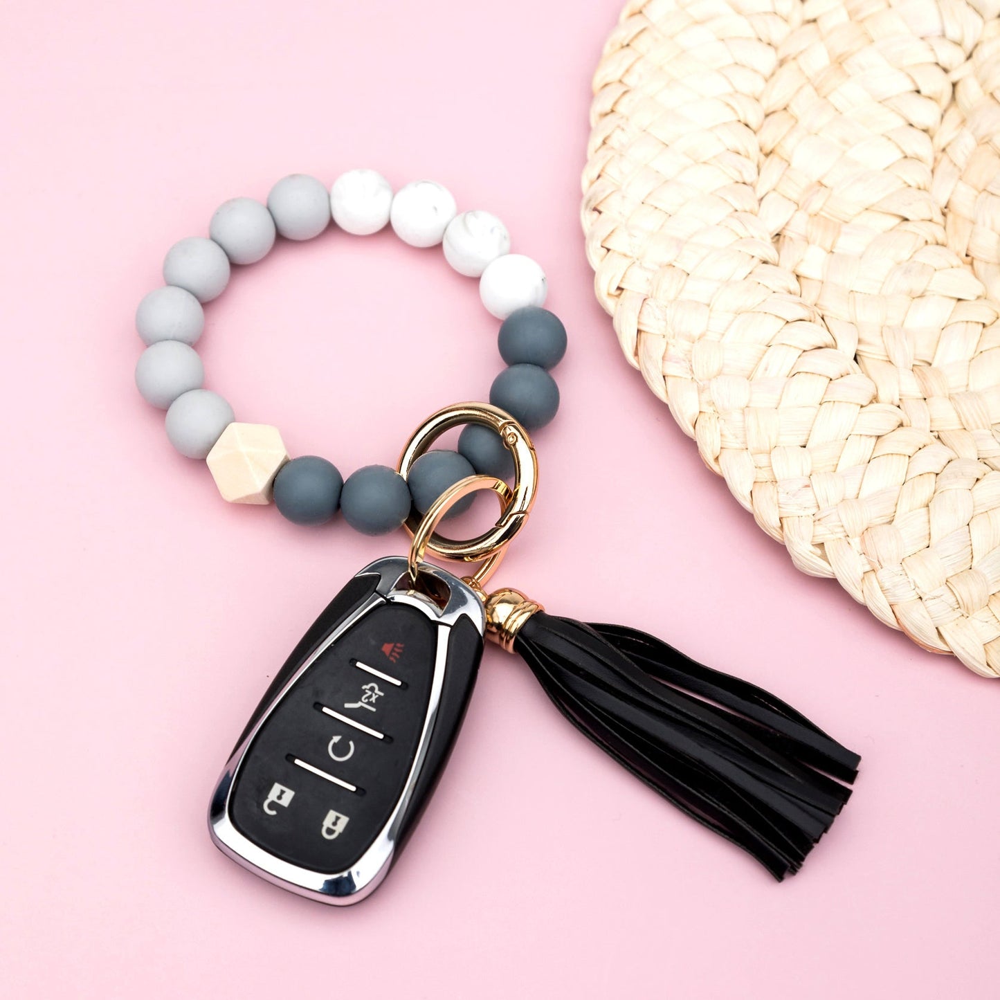 Silicone Color Block PU Leather Wood Geo Bead Stretchy Gold Hardware Key Ring Bracelet | 4"