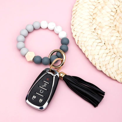 Silicone Color Block PU Leather Wood Geo Bead Stretchy Gold Hardware Key Ring Bracelet | 4"