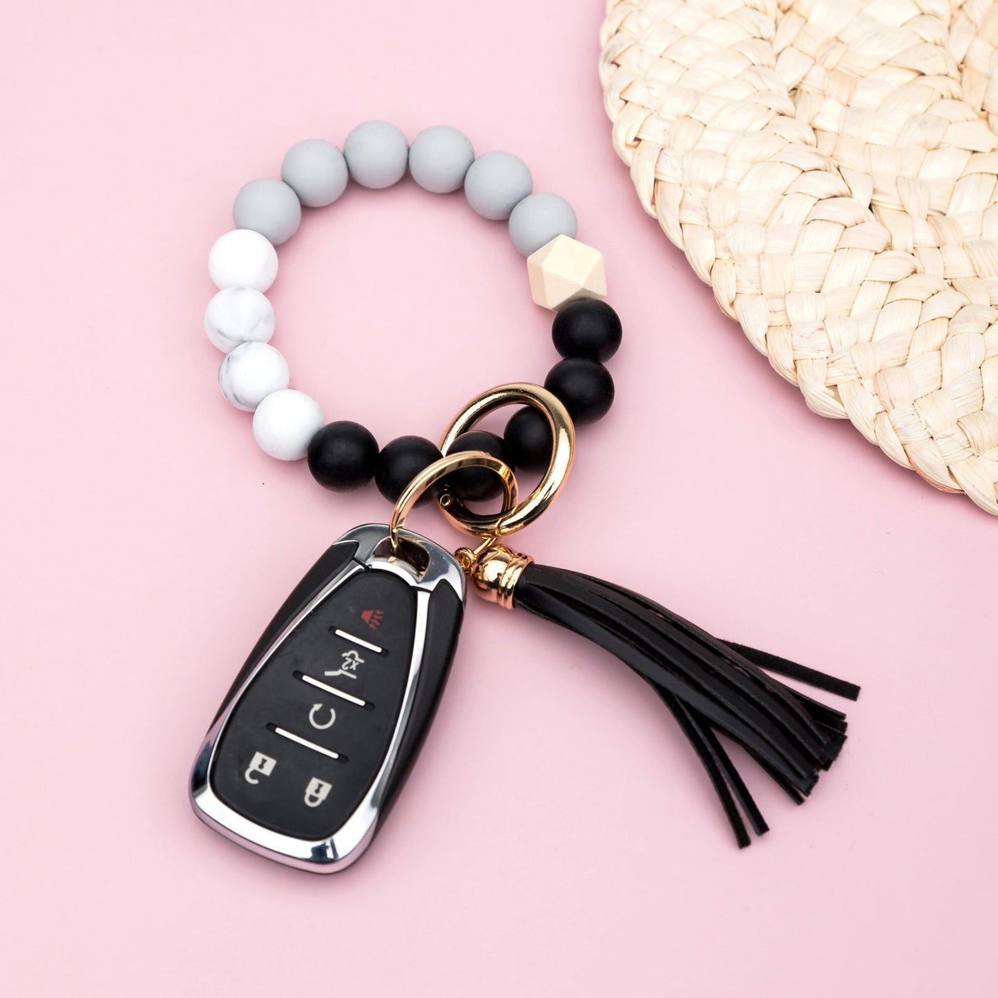 Silicone Color Block PU Leather Wood Geo Bead Stretchy Gold Hardware Key Ring Bracelet | 4"