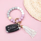Silicone Color Block PU Leather Wood Geo Bead Stretchy Gold Hardware Key Ring Bracelet | 4"