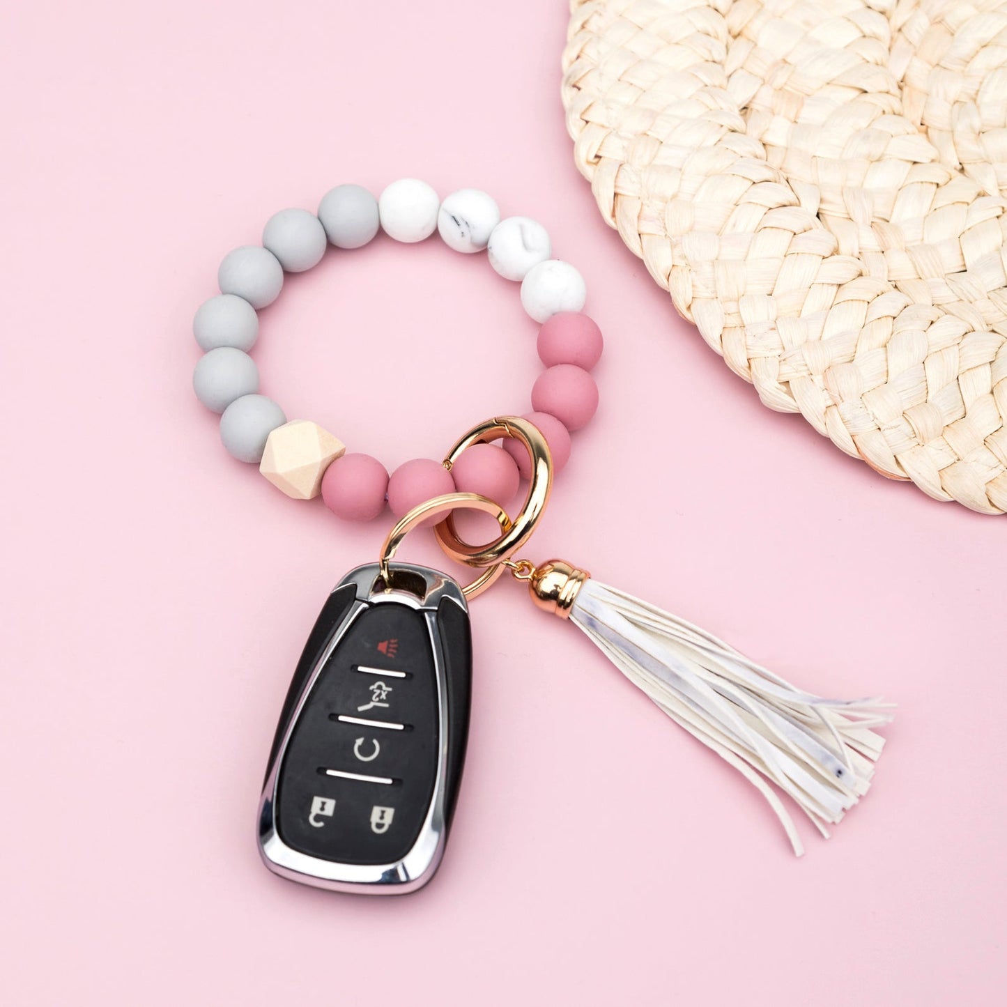 Silicone Color Block PU Leather Wood Geo Bead Stretchy Gold Hardware Key Ring Bracelet | 4"