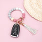 Silicone Color Block PU Leather Wood Geo Bead Stretchy Gold Hardware Key Ring Bracelet | 4"
