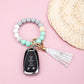 Silicone Color Block PU Leather Wood Geo Bead Stretchy Gold Hardware Key Ring Bracelet | 4"